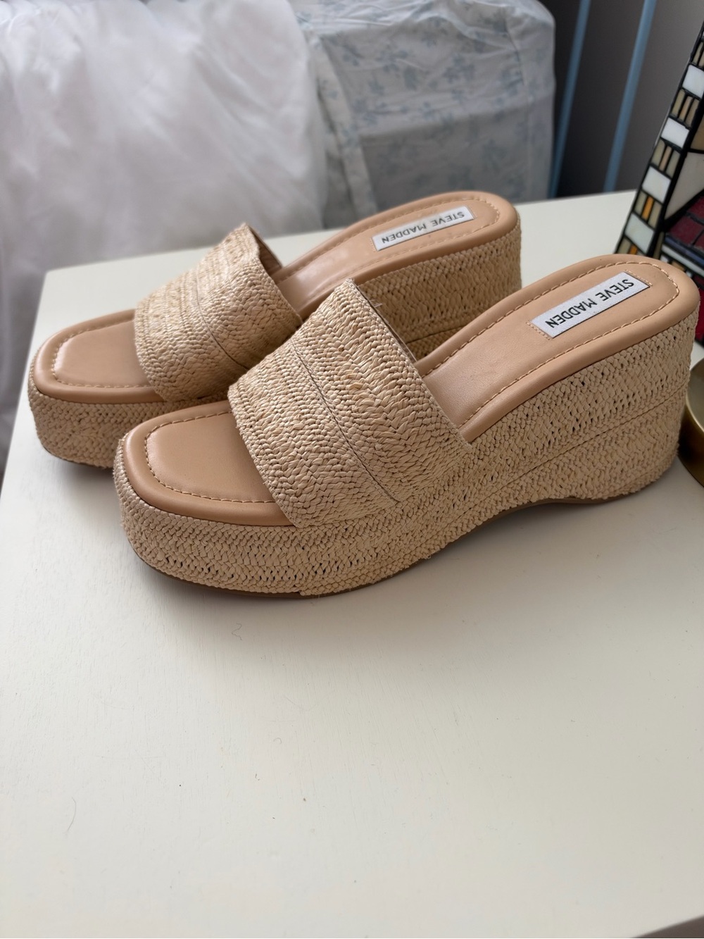 Steve Madden Beige Raffia Platform Wedge Sandals